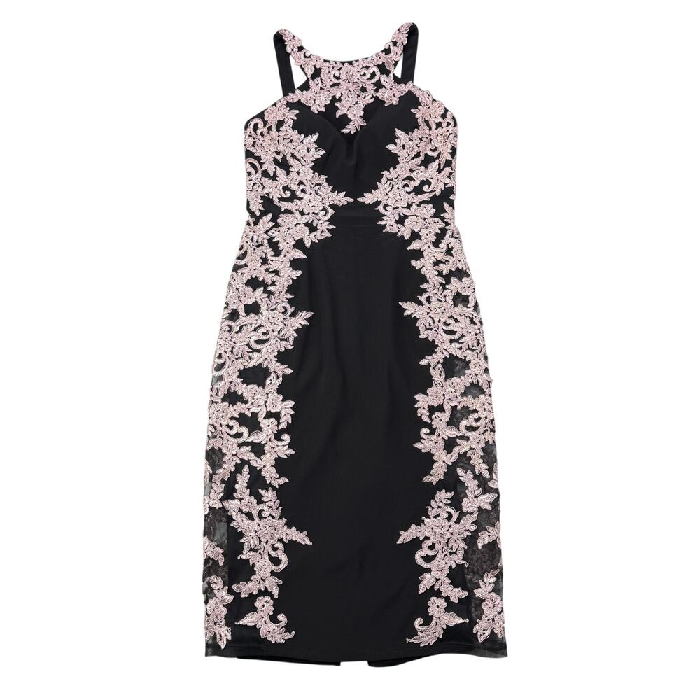 XSCAPE Black Midi Sheath Dress with Pink Lace Applique Size 6 - Picture 2 of 6